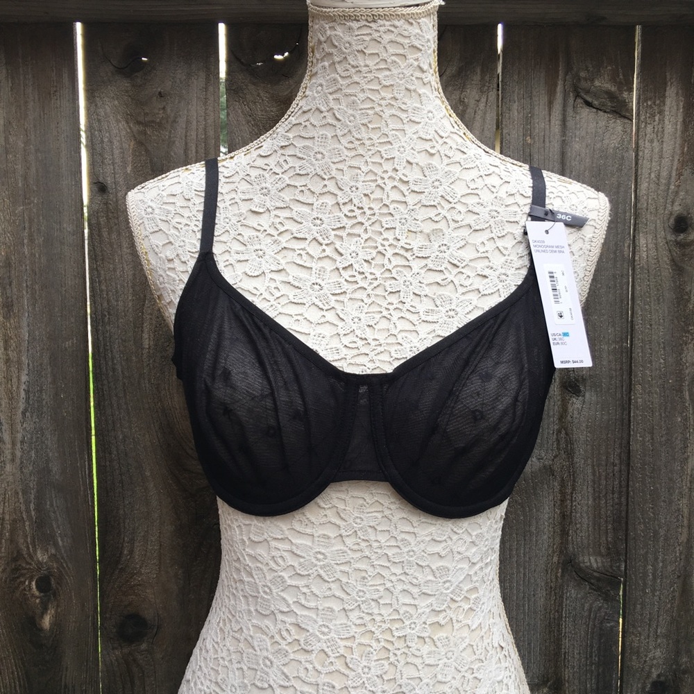 DKNY Black Unlined Mesh Demi Bra Monogram